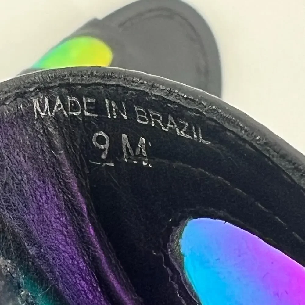 Kate Spade black leather slide on sandals iridescent sunglass shaped embellish 9